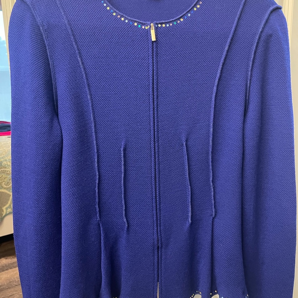 St. John Blue Cardigan with Embellished Neckline